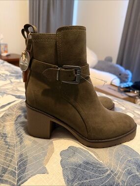 MIA Olive Suede Ankle Booties with Buckle